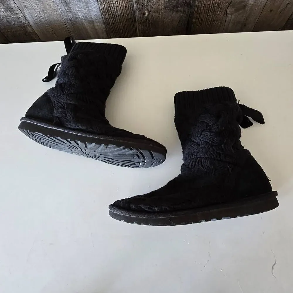 UGG Isla Cable Knit Weave Lace Black Boots 1008840 Womens Size 6